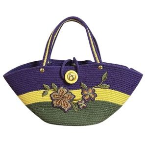 One of a kind Unique Woven Rope Floral Embroidered Purple Green Jute Bucket bag